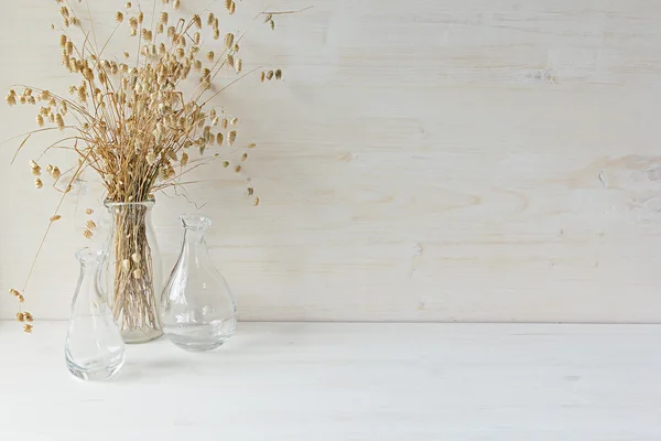 Weiches Wohndekor aus Glasvase mit Stacheln auf weißem Holzhintergrund. — Stockfoto
