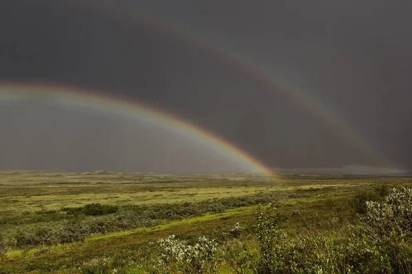 Doble arco iris sobre el prado verde . — Foto de Stock