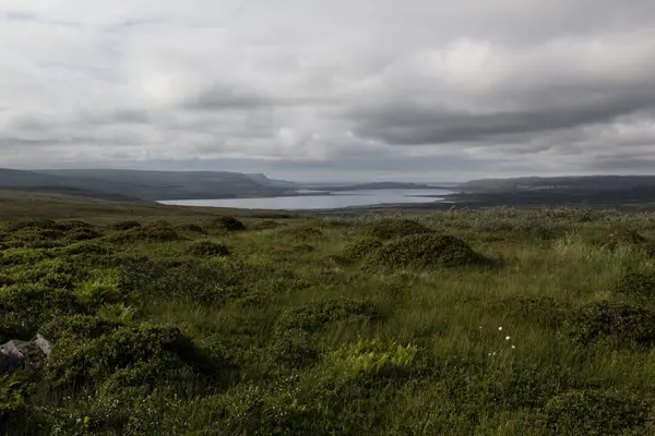 Valle verde y lago en clima nublado, tierras altas . — Foto de Stock