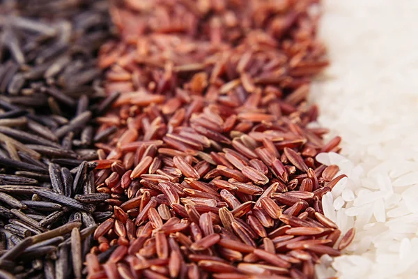 Strips of red, black and white rice close-up.