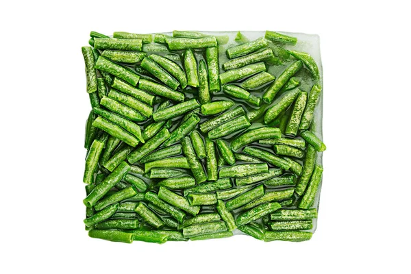 Briquette of fresh frozen green french bean with hoarfrost closeup on white background. — Stock Photo, Image