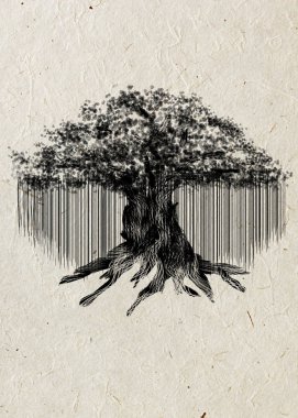 Black silhouette of old banyan tree isolated on beige rice paper background.  clipart