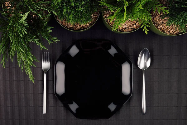 Eco sötét modern minimalista étterem menü modell, akár a fekete fényes tányér, kanál, Villa, zöld növények, felülnézet. — Stock Fotó