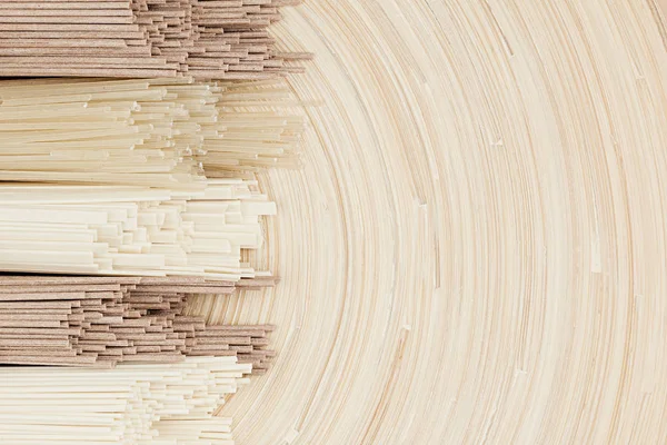 Paquetes de fideos chinos crudos en tablero de madera beige suave con espacio de copia, vista superior . — Foto de Stock