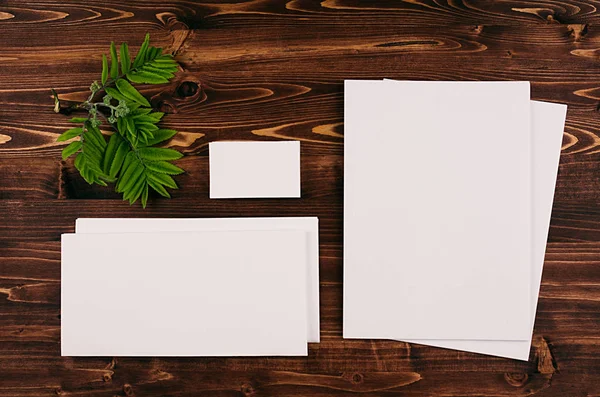 Corporate identity template, stationery with green foliage on vintage brown wooden board. Mock up for branding, graphic designers presentations and portfolios. — Stock Photo, Image