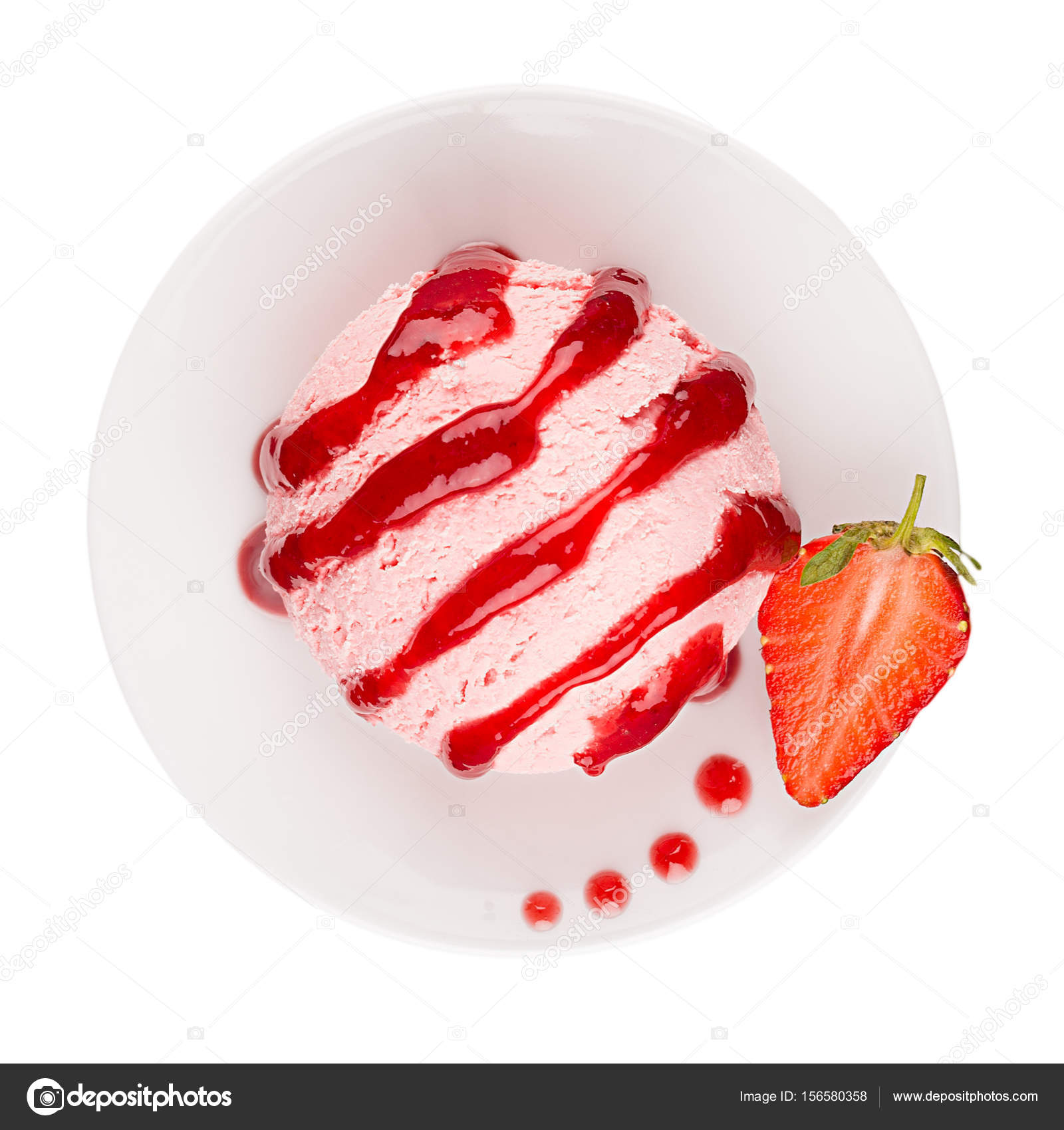 Strawberry ice cream scoop from top or top view isolated on white