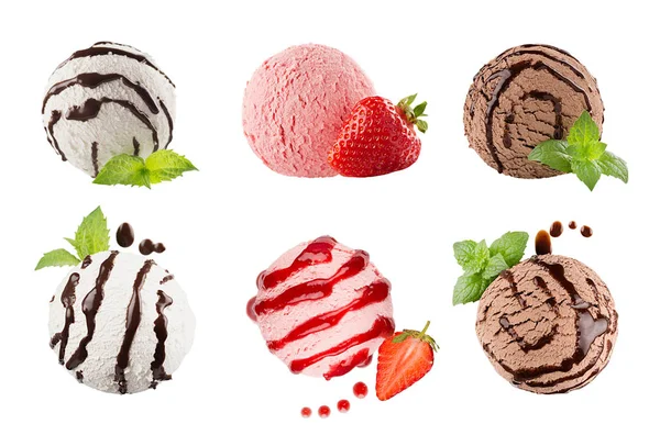 Ice cream scoops collection of six balls, decorated striped chocolate sauce, mint leaves, slice strawberry. Isolated on white background. — Stock Photo, Image