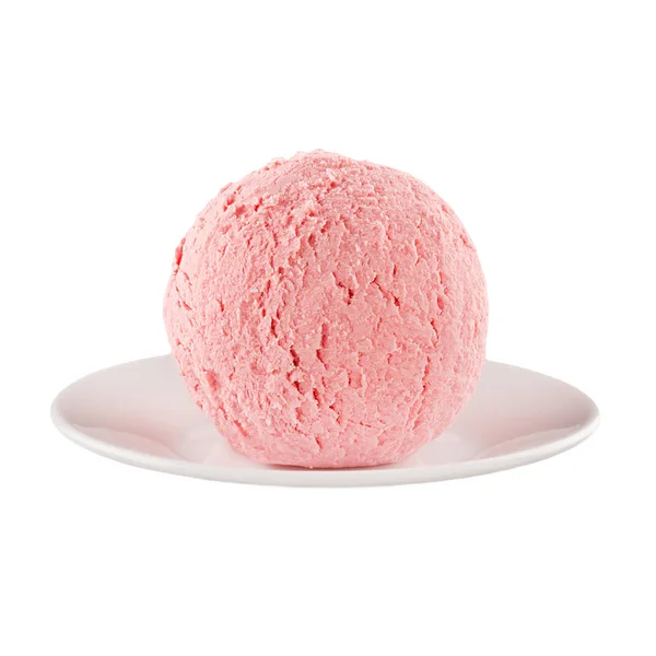 Cuillère à fraise rose crème glacée sur plaque isolée sur fond blanc . — Photo