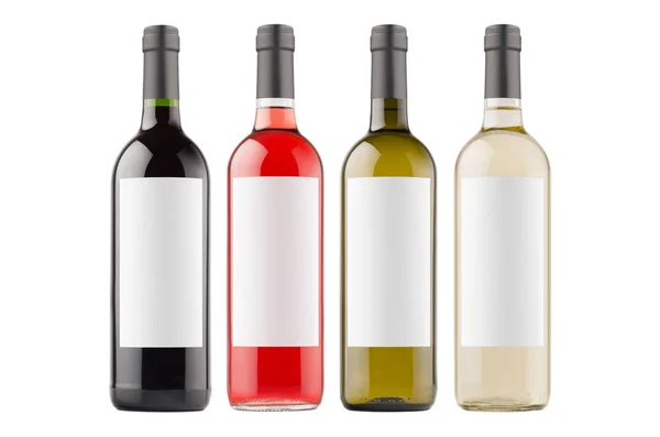 Botellas Vino Colección Diferentes Colores Con Etiquetas Blancas Blanco Aislado — Foto de Stock