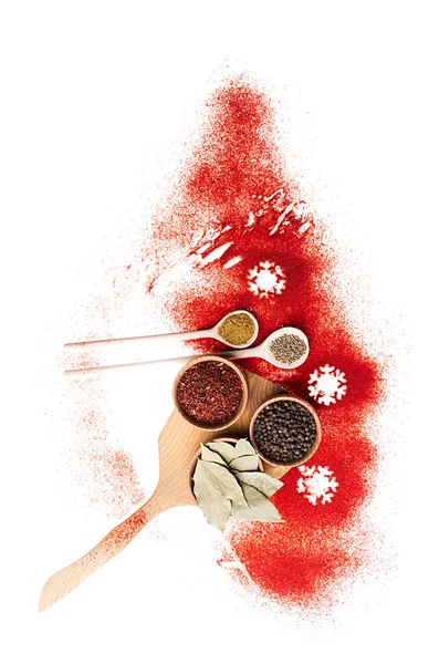 Julgran Röda Spice Olika Kryddor Trä Skålar Torr Kvist Och — Stockfoto