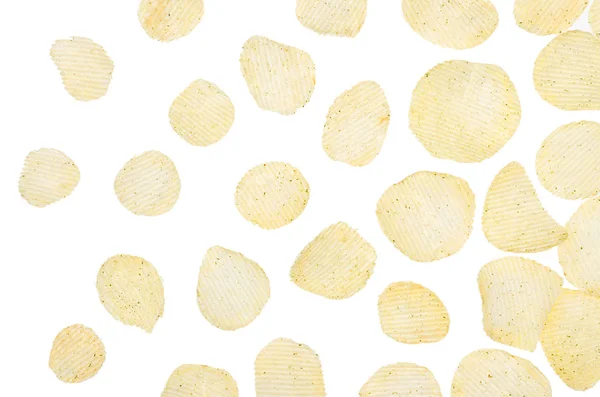 Желтые Картофельные Чипсы Летать Белом Фоне Изолированный Вид Сверху — стоковое фото