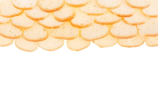 Witte Kleine Croutons Van Bloedrode Brood Als Grens Geïsoleerd Wit — Stockfoto