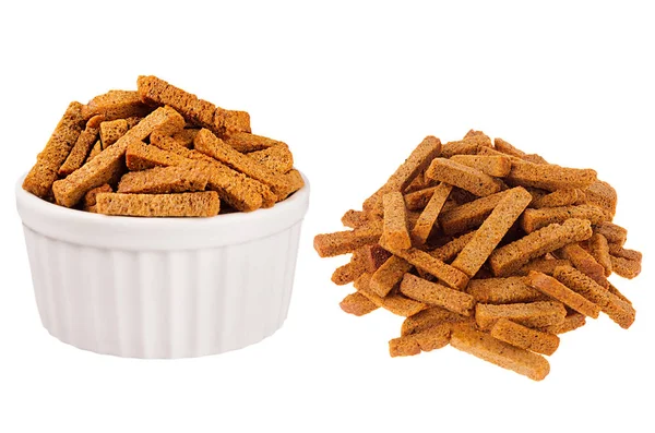 Conjunto Croutons Fritos Centeno Marrón Como Montón Cuenco Cerámica Aislado — Foto de Stock