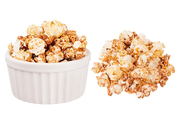 Set Chocolate Popcorn Heap Ceramics Bowl Isolated White Background Fast — Stock Photo, Image