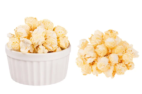 Set Golden Popcorn Heap Ceramics Bowl Isolated White Background Fast — Stock Photo, Image