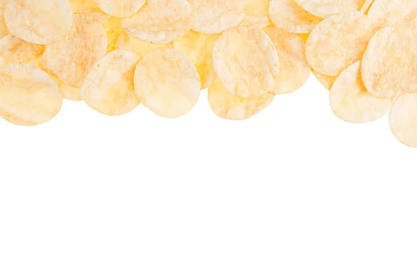 Ropogós Burgonya Chips Fűszerekkel Mint Test Elszigetelt Fehér Background Felülnézet — Stock Fotó