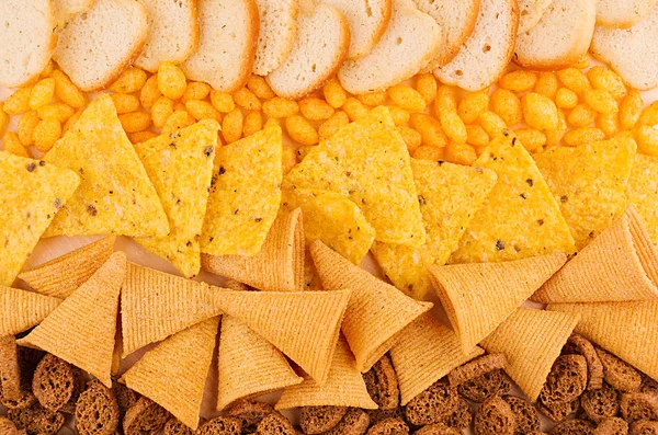 Bright Spicy Snacks Collection Nachos Ruddy Toasts Rye Croutons Corn — Stock Photo, Image