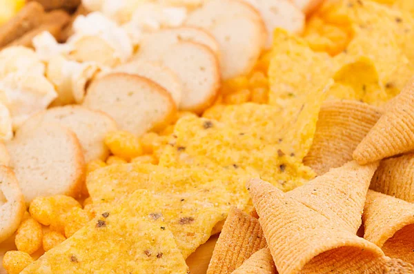 Different Latin Beer Spicy Crunchy Snacks Background Closeup Pattern Fast — Stock Photo, Image