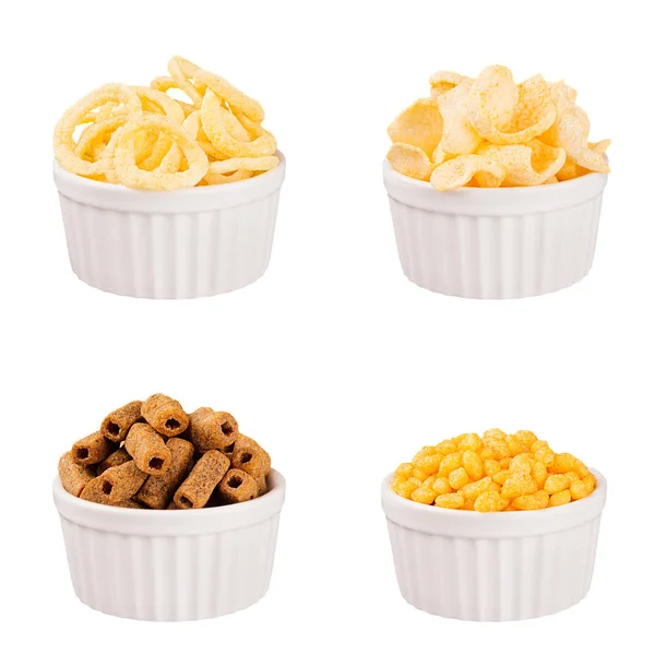 Snacks Collection Crunchy Different Corn Sticks White Ceramics Bowls Isolated — Stock Photo, Image