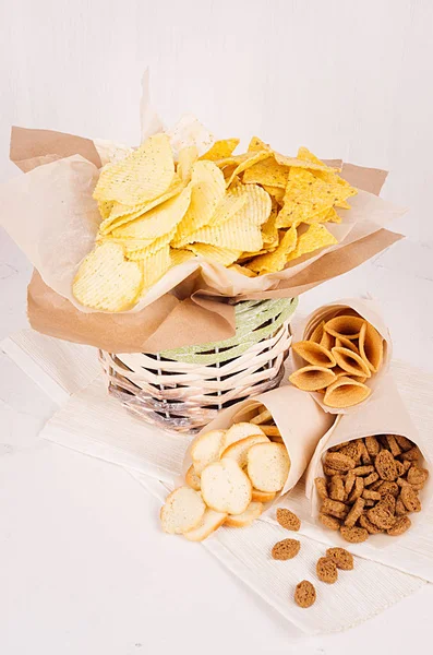 Summer Snacks Nachos Croutons Chips Tortilla Rustic Basket Paper Corners — Stock Photo, Image