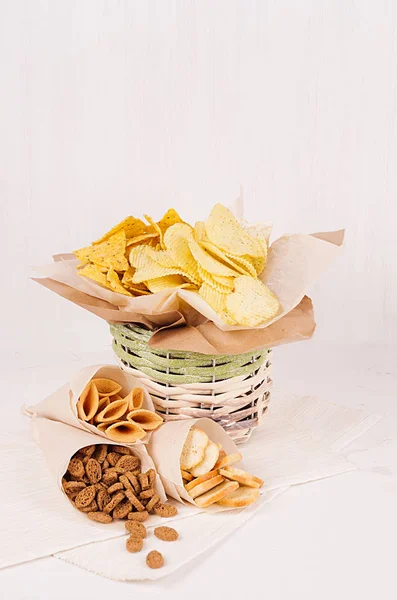 Summer Fast Food Different Crunchy Snacks Wicker Rustic Basket Craft — Stock Photo, Image