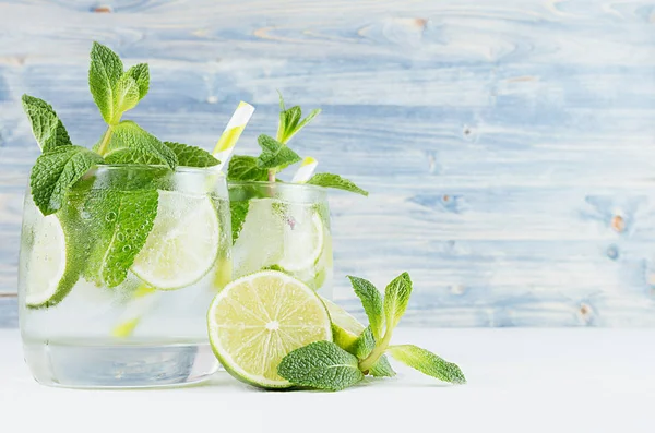 Tropical Fresh Cold Cocktail Mint Lime Ice Straw Light Blue — Stock Photo, Image