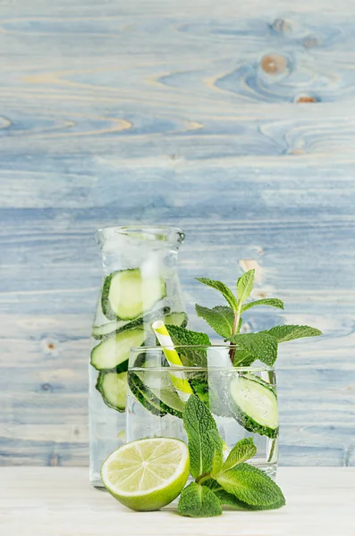 Summer Refreshing Drink Cucumber Mint Ice Lime Bottle Old Wood — Stock Photo, Image