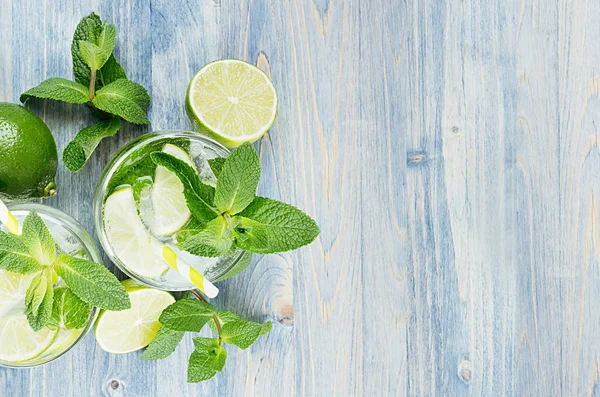 Cold Detox Summer Mineral Water Lime Mint Ice Straw Soft — Stock Photo, Image