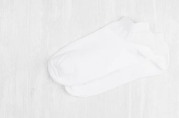 Pair Blank White Small Low Socks Flat Lay White Wood — Stock Photo, Image