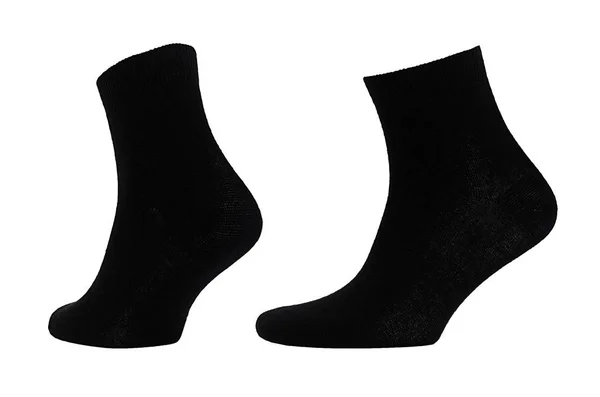 ブランディング デザイン フロントサイド サイドビュー テンプレートのためのモックアップとして白い背景に隔離された目に見えない足の上に空白の黒い綿の媒体靴下 — ストック写真