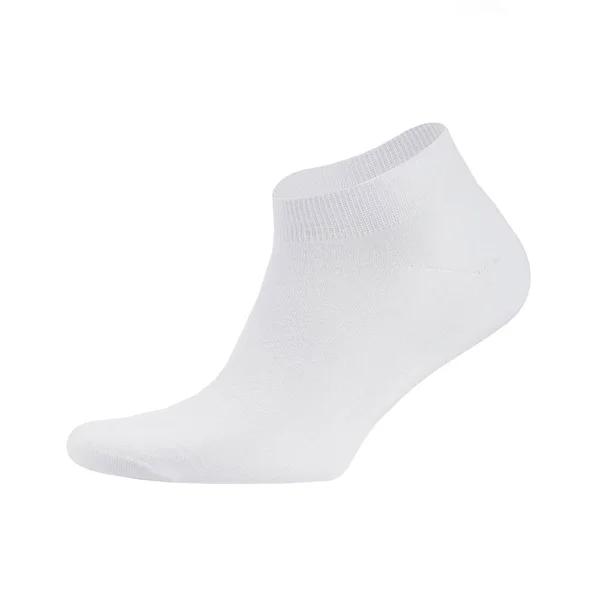 ブランディング デザイン サイドビュー テンプレートのためのモックアップとして白い背景に隔離された目に見えない足の上に空白の白い綿のスポーツ短い靴下 — ストック写真
