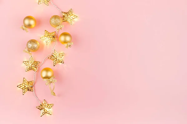 Christmas Festive Bright Background Golden Star Lights Garland Christmas Decoration — Stock Photo, Image