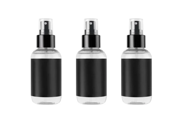 Three Spray Bottles Cosmetics Product Black Blank Label Isolated White — Stockfoto