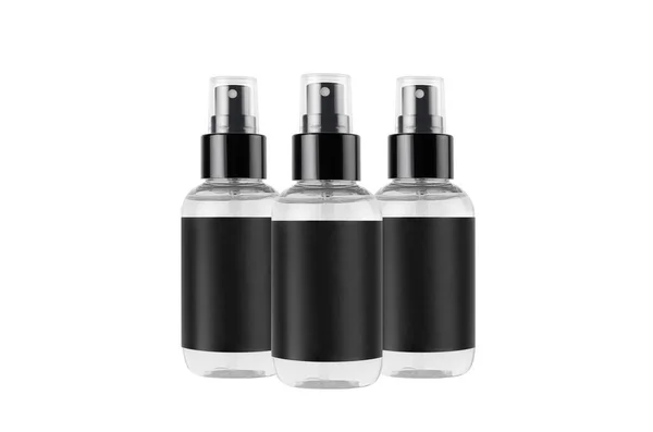 Transparent Spray Bottles Cosmetics Product Black Blank Label Isolated White — Stockfoto