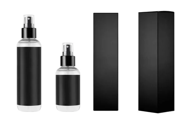 Mock Design Packing Cosmetics Different Transparent Dispenser Bottles Black Label — Stockfoto