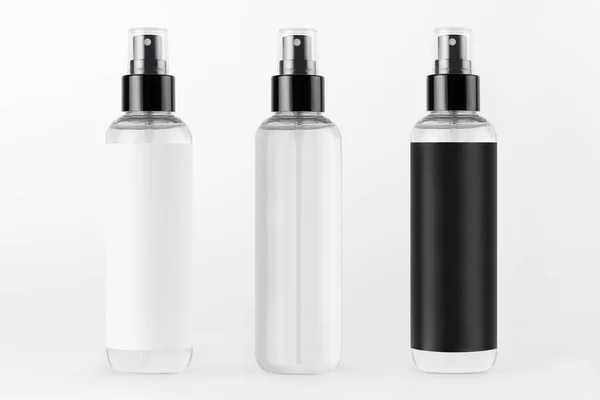 Tres Botellas Dispensadoras Aerosol Altas Para Colección Cosméticos Transparentes Con — Foto de Stock