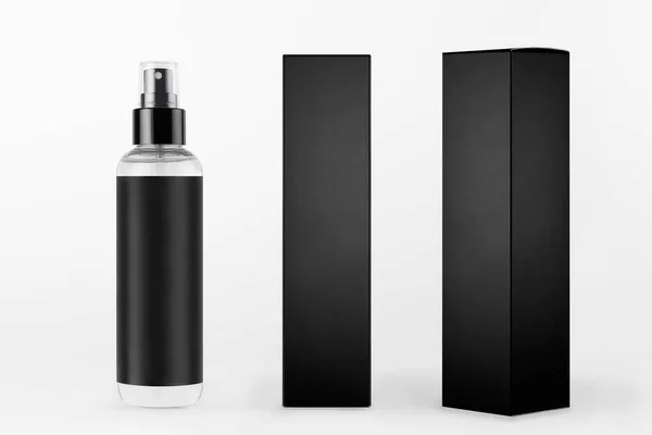 化妆品包装设计模型 高透明喷雾器 黑色标签和白色背景上不同侧面的黑色纸盒 — 图库照片