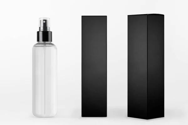 化妆品包装设计模型 白色背景上不同侧面的高透明喷雾器和黑色纸盒 — 图库照片