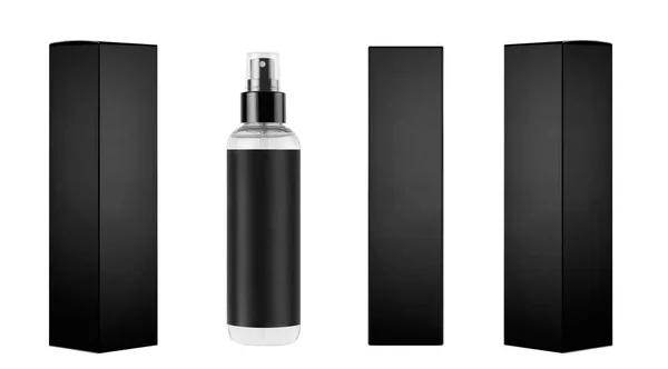 化妆品包装设计模型 高透明喷雾器 黑色标签和不同侧面的黑色纸盒 — 图库照片