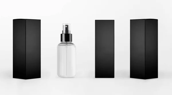 化妆品包装设计模型 白色背景上不同侧面的小透明喷雾器和黑色纸盒 — 图库照片