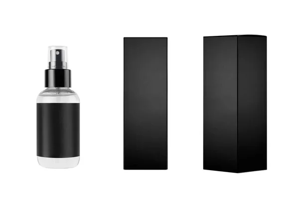 化妆品包装设计模型 小而透明的喷雾瓶 不同侧面的白色标签和黑色纸盒 — 图库照片
