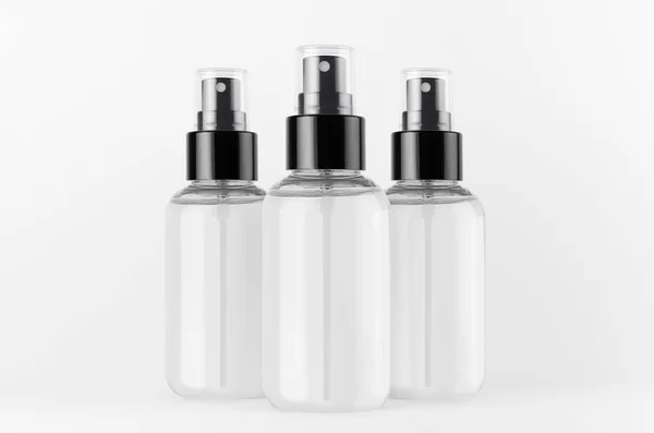Botellas Spray Transparentes Para Productos Cosméticos Con Líquido Transparente Sobre — Foto de Stock