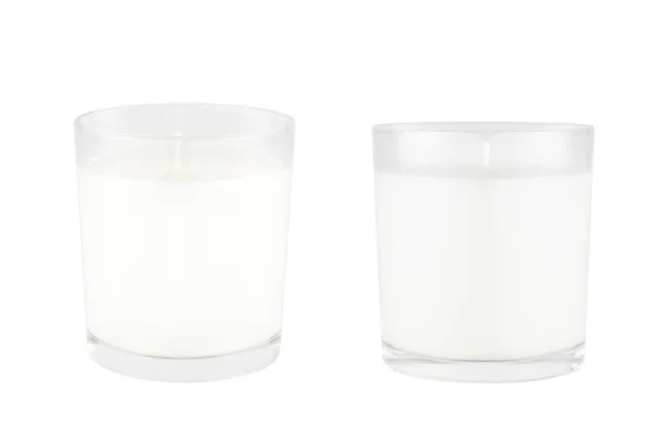 Deux Bougies Blanches Verre Transparent Isolé Maquette Pour Identité Marque — Photo