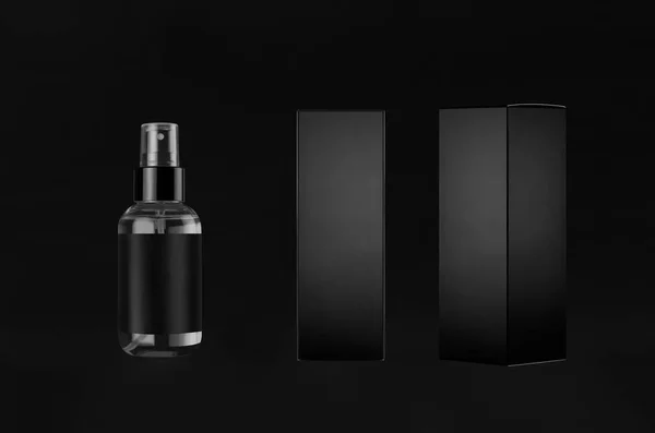 Luxury black mock up for design of packing  cosmetics product - small transparent spray bottles, label, paper boxes sides, dark backdrop.