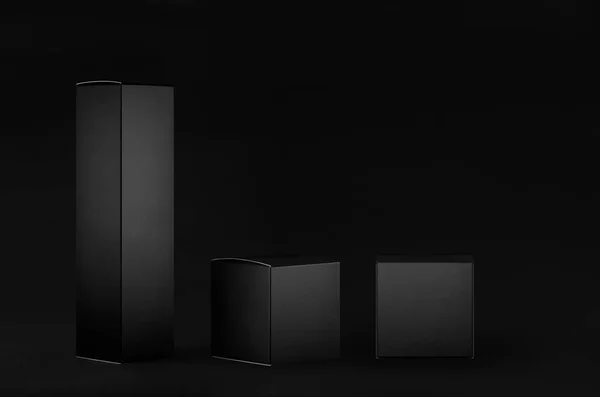 Collection of rectangle tall, square black paper boxes, front, side view on black background, mock up packing product, presentation, design.