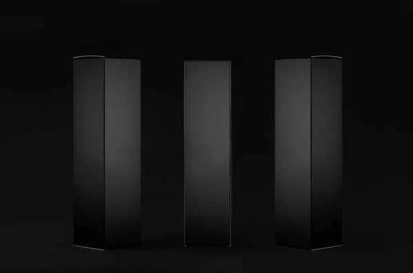 Collection of rectangle tall black paper boxes  - side view, front view on dark black background, mock up packing product, advertising, presentation, design.