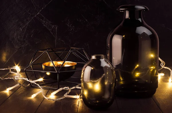 Contemporary Cozy Dark Gold Interior Warm Lights Black Elegant Vase — Stock Photo, Image