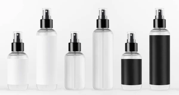 收集高 低矮的化妆品喷雾器瓶 白色背景上连续贴有黑色 白色标签 可用于设计 — 图库照片