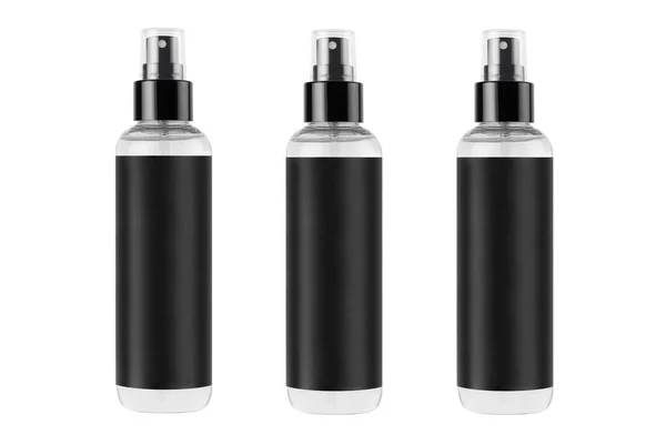 高透明喷雾器瓶 用于化妆品产品系列 连续印有黑色标签 可用于设计 — 图库照片
