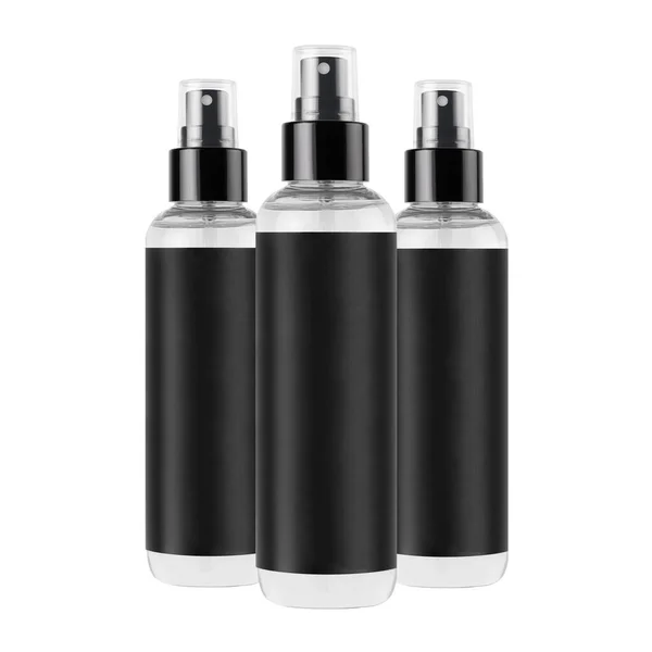 Drei Große Transparente Sprühflaschen Für Kosmetika Mit Schwarzem Etikett Isoliert — Stockfoto